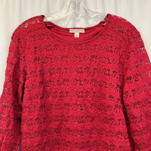 DB Established 1962 Womens Blouse Red Floral Lace Long Sleeve Lettuce Edge L - Picture 2 of 11